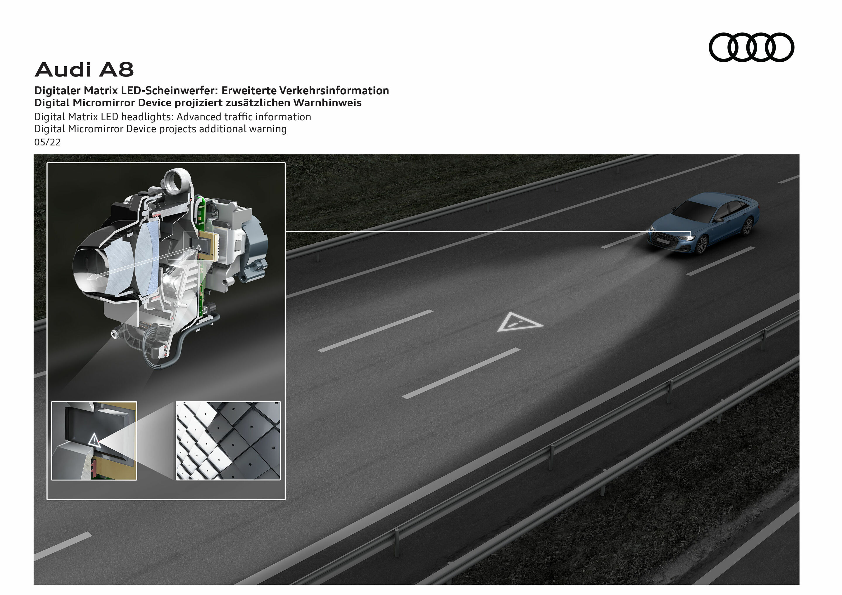 Illustration - Audi A8 - Digitaler Matrix LED-Scheinwerfer: Erweiterte Verkehrsinformation
Digital Micromirror Device projiziert zusätzlichen Warnhinweis