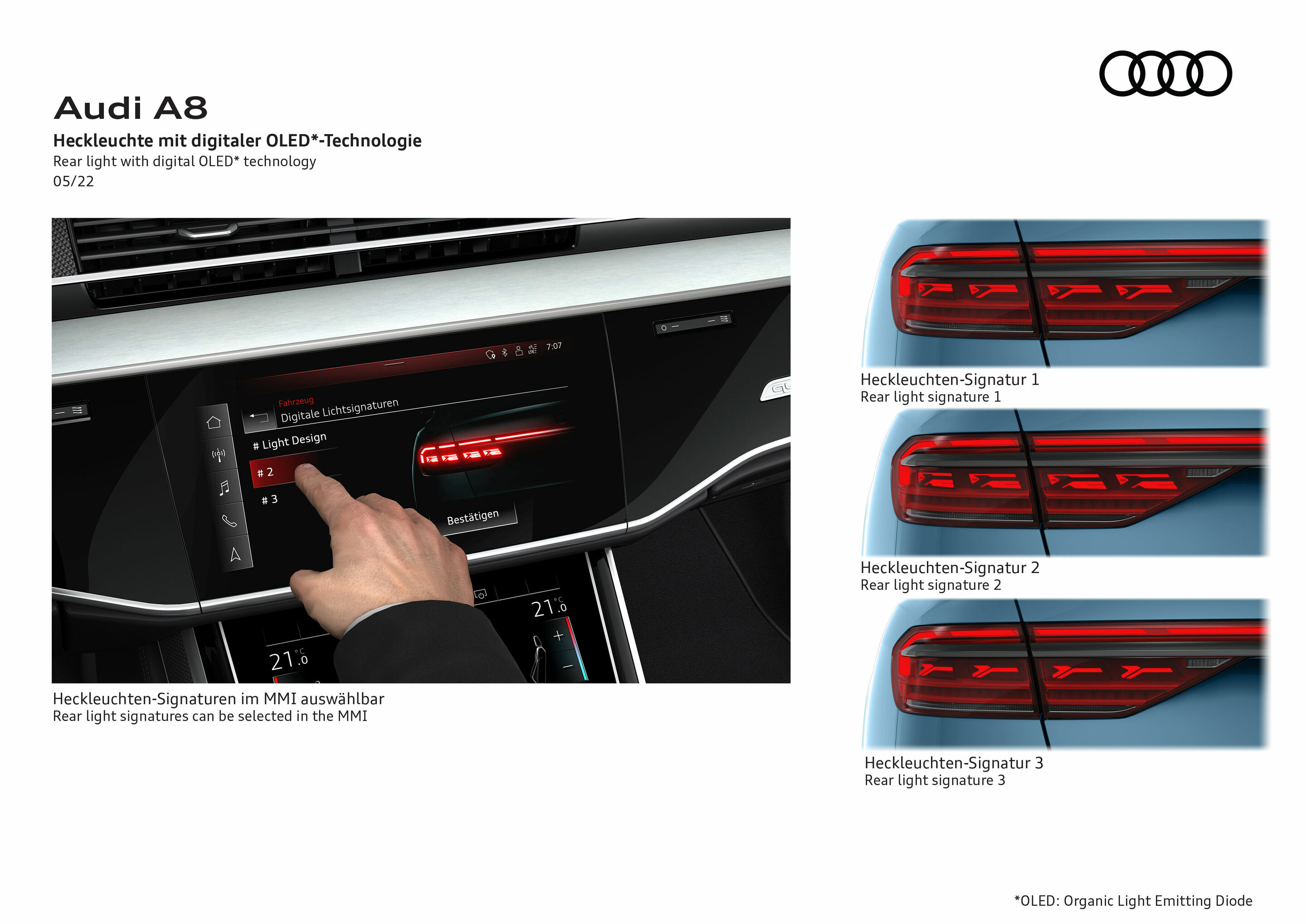 Illustration - Audi A8 - Heckleuchte mit digitaler OLED*-Technologie
*OLED: Organic Light Emitting Diode