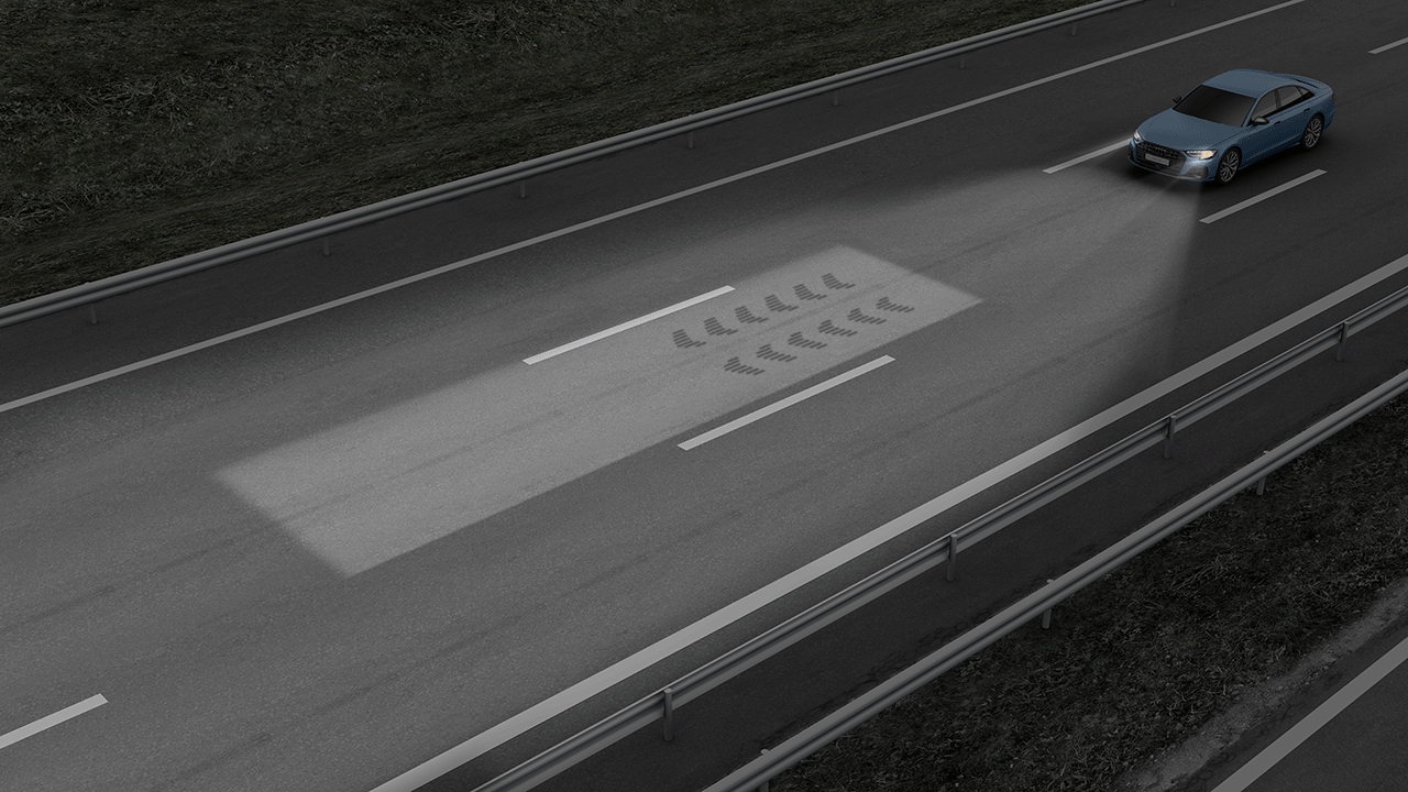 Illustration - Audi A8 - Spurlicht inklusive Orientierungslicht mit Fahrtrichtungsanzeige auf Autobahnen