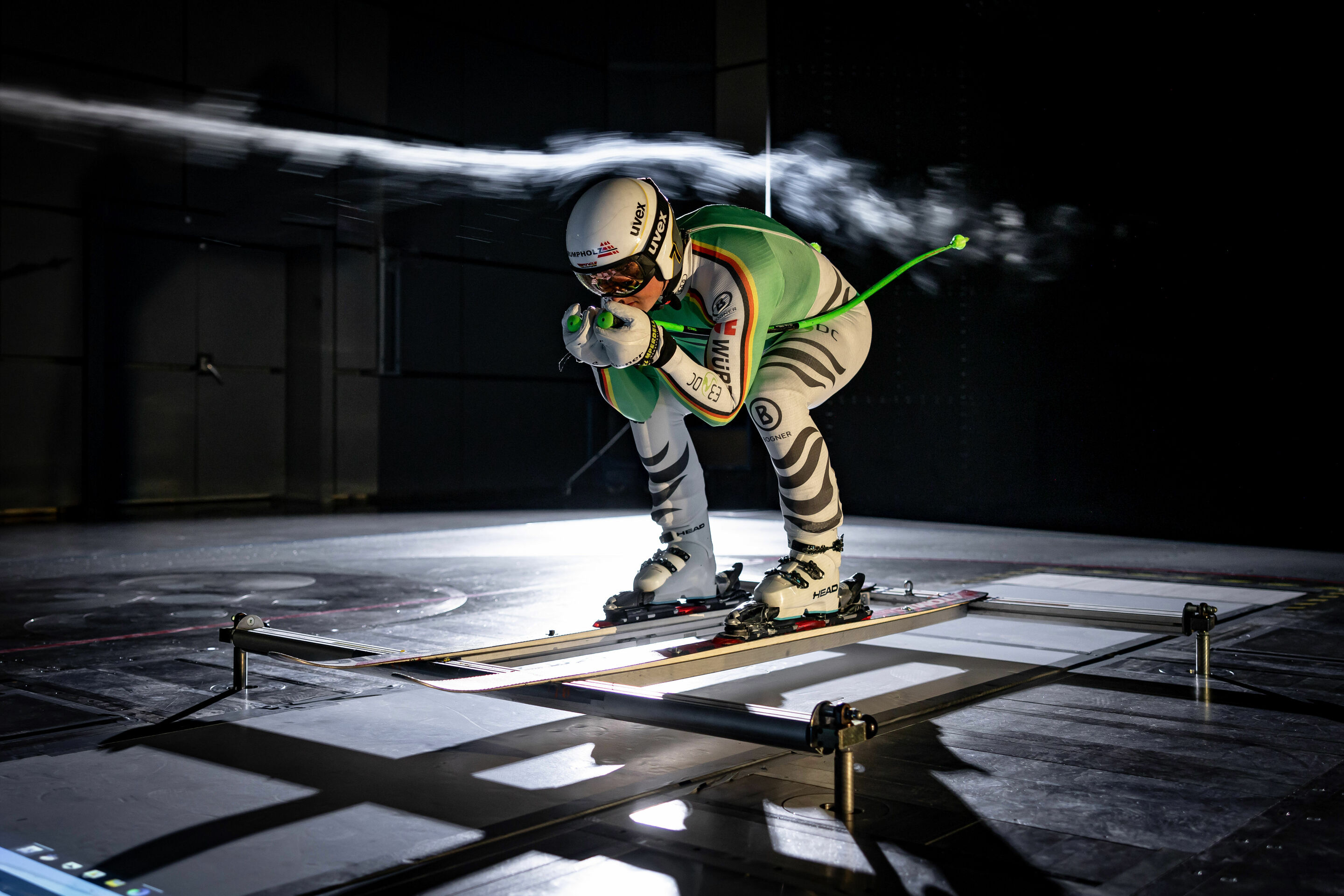 Ski professionals instead of cars in the Audi wind tunnel - Athletes from the German Ski Association tested their new equipment in the wind tunnel, where the efficiency of Audi vehicles is normally checked.
