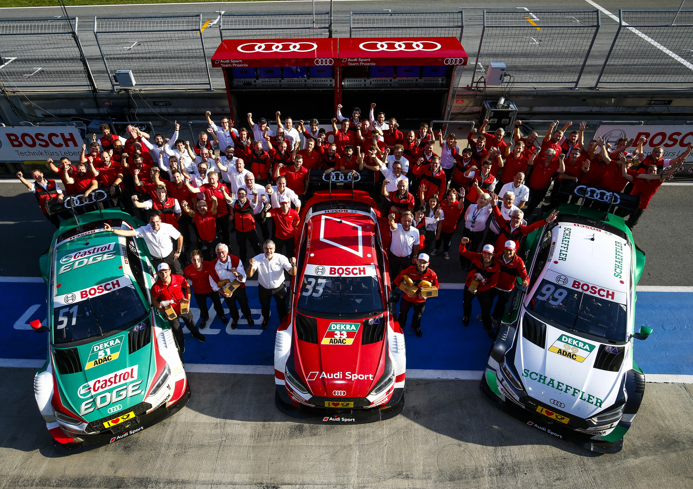 DTM Spielberg 2018 - 100th victory for Audi in the DTM: Nico Müller, Robin Frijns (Audi Sport Team Abt Sportsline), Dieter Gass, Jamie Green, René Rast (Audi Sport Team Rosberg), Mike Rockenfeller, Loïc Duval (Audi Sport Team Phoenix)