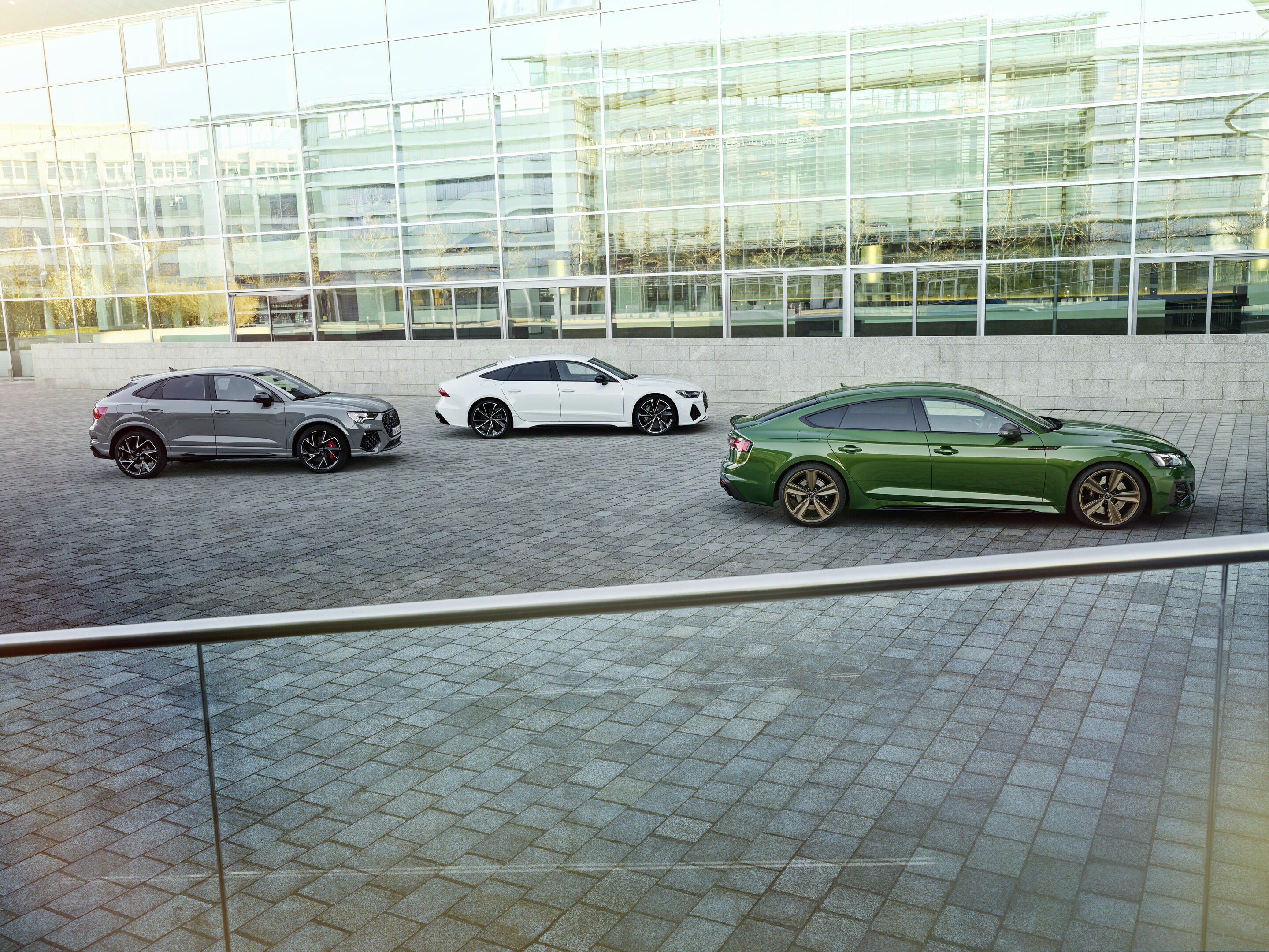 Audi RS models - Audi RS 5 Sportback, Colour: Sonoma green
Audi RS Q3 Sportback, Color: Nardo gray
Audi RS 7 Sportback, Colour: Glacier white